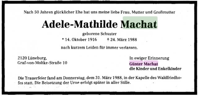 Schuster Adele 1916-1988 Todesanzeige